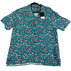 The Kooples Rock Roses Short Sleeve Button Up Shirt Teal Floral Men's M